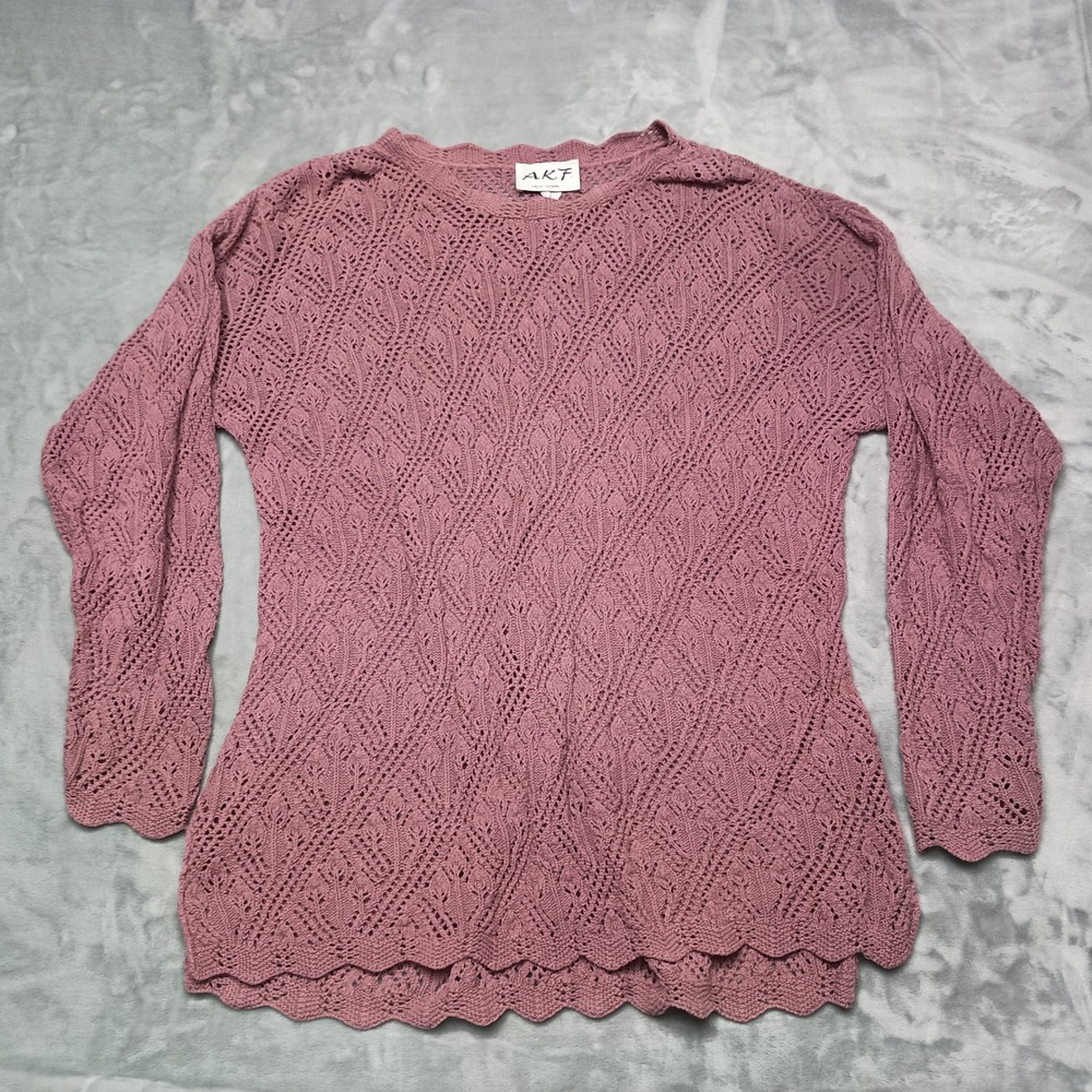 VTG AKF Sweater Womens Large Pink 21L232 Pointelle Knit Scalloped Made In USA